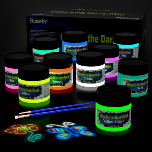 Roizefar Leuchtfarben Nachtleuchtend 10×30ml, Glow In The Dark Wasserfest 3D Textilfarbe, Fluoreszierende Farbe DIY Stofffarben für steine nachtleuchtend, Kindermalerei, Glow Textil usw. von Roizefar