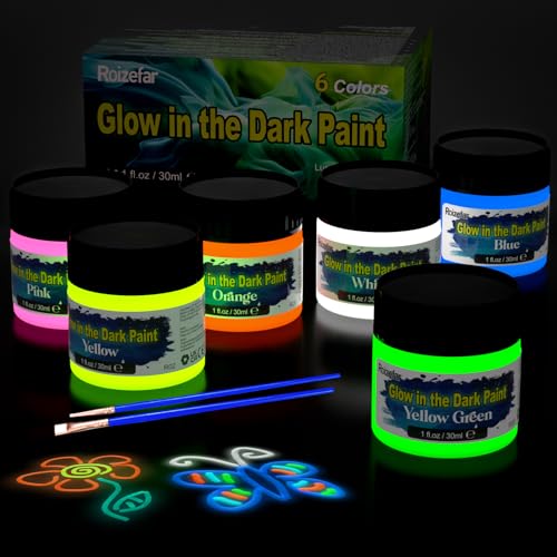 Roizefar Leuchtfarben Nachtleuchtend 6×30ml, Glow In The Dark Wasserfest 3D Textilfarbe, Fluoreszierende Farbe DIY Stofffarben für steine nachtleuchtend, Kindermalerei, Glow Textil usw. von Roizefar