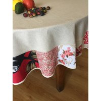 Runde Leinen Tischdecke Beige Rot 73 Zoll von Rokasdarbi