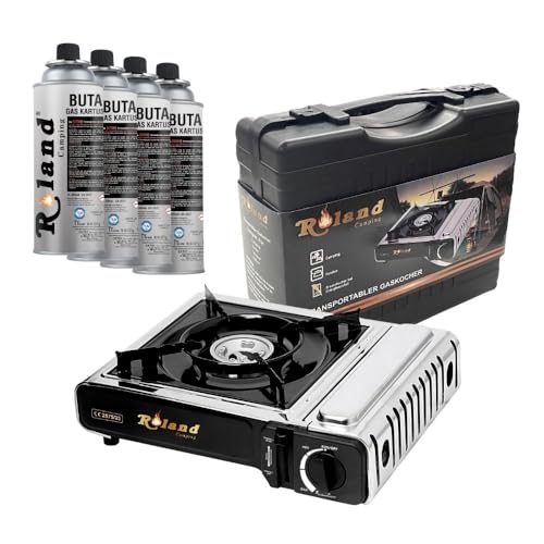 Roland Germany Gaskocher 1 Flammig mit 4 x Kartusche und Tragekoffer Campingkocher Mini Tragbare Outdoor Gasgrill von Roland Germany