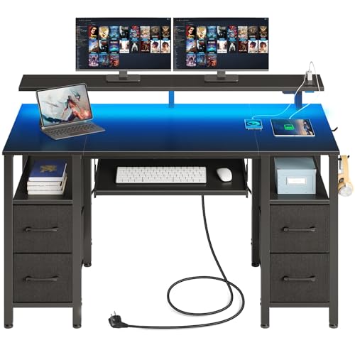 Rolanstar Schreibtisch mit Schubladen, 120x47cm Gaming Tisch mit Steckdose, LED & Monitorständer, Computertisch mit Tastaturablage, Gaming Schreibtisch für Home Office, Büro, Wohnzimmer, Schwarz von Rolanstar
