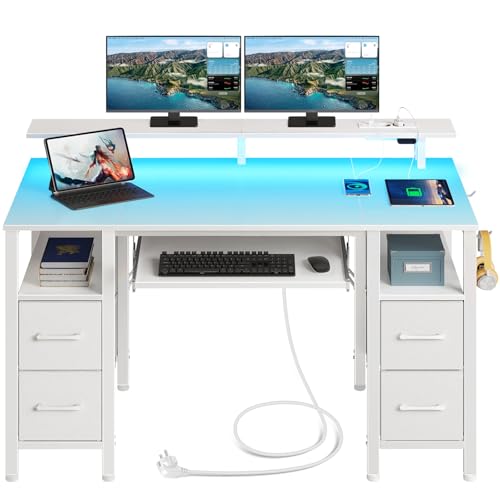 Rolanstar Schreibtisch mit Schubladen, 120x47cm Gaming Tisch mit Steckdose, LED & Monitorständer, Computertisch mit Tastaturablage, Gaming Schreibtisch für Home Office, Büro, Wohnzimmer, weiß von Rolanstar