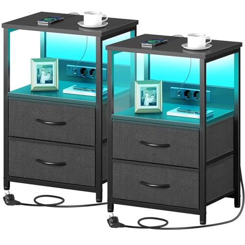 Rolanstar Nachttisch mit Ladefunktion 2er-Set, Beistelltisch mit LED-Leuchten, 2 Stoffschubladen & 3-stufiger Aufbewahrungs, Nachtschrank aus Holz für Schlafzimmer, 40 x 30 x 60 cm von Rolanstar