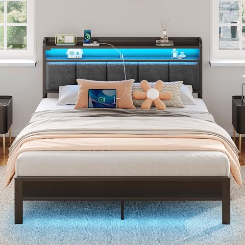 Rolanstar Queensize-Bettgestell mit Ladestation und LED-Lichtern, gepolstertes Kopfteil mit Ablageflächen, robuste Metalllatten, kein Boxspringbett erforderlich, geräuschlos von Rolanstar
