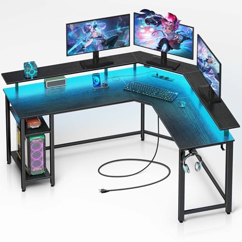 Rolanstar Schreibtisch L Form mit LED & Steckdosen, 117 cm Computertisch mit Monitorständer & Ablagefläche, Reversibler Eckschreibtisch mit 2 Haken, perfekt für Arbeitszimmer Schlafzimmer Büro von Rolanstar