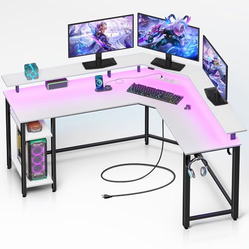 Rolanstar Schreibtisch L Form mit LED & Steckdosen, 117 cm Computertisch mit Monitorständer & Ablagefläche, Reversibler Eckschreibtisch mit 2 Haken, perfekt für Arbeitszimmer Schlafzimmer Büro von Rolanstar