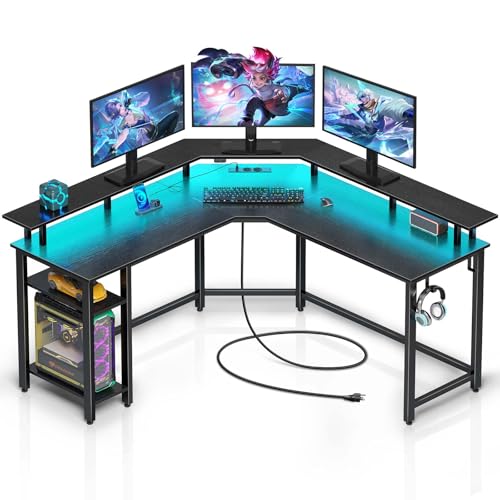 Rolanstar Schreibtisch L Form mit LED & Steckdosen, 135 cm Computertisch mit Monitorständer & Ablagefläche, Reversibler Eckschreibtisch mit 2 Haken, perfekt für Arbeitszimmer Schlafzimmer Büro von Rolanstar