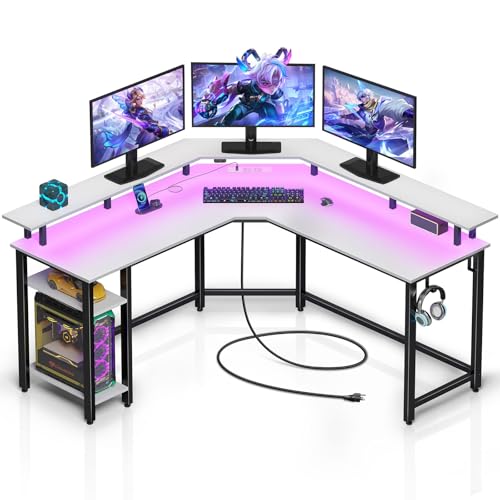 Rolanstar Schreibtisch L Form mit LED & Steckdosen, 135 cm Computertisch mit Monitorständer & Ablagefläche, Reversibler Eckschreibtisch mit 2 Haken, perfekt für Arbeitszimmer Schlafzimmer Büro von Rolanstar
