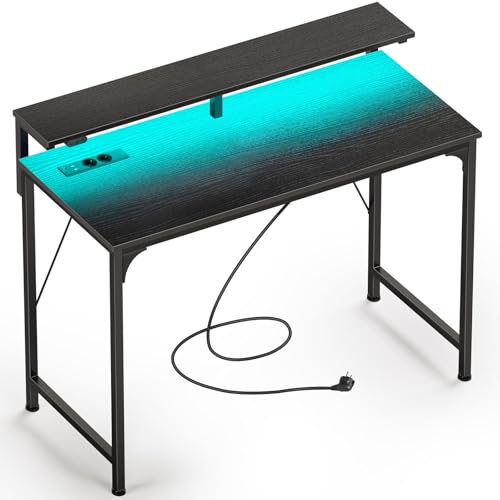 Rolanstar Schreibtisch mit LED, Steckdosen, Computertisch mit Monitorablage, Eckschreibtisch für Schlafzimmer Arbeitszimmer Büro, perfekt für Studenten Kinder Erwachsene, Schwarz, 100 cm von Rolanstar