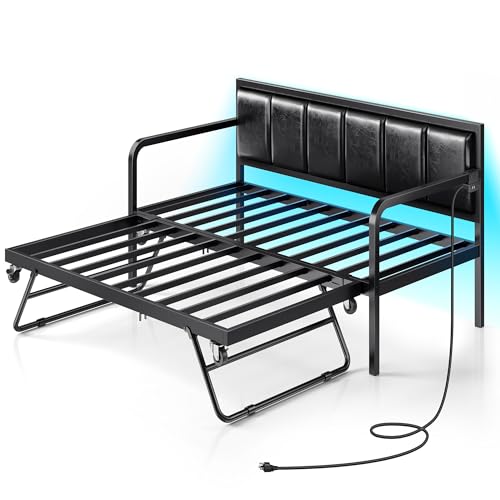 Rolanstar Tagesbett mit USB-Ladestation und LED, höhenverstellbares Twin-Tagesbett mit Ausziehbett, schwarzes gepolstertes Bettgestell mit Stahllamellenstütze, für Wohnzimmer, Schlafzimmer und von Rolanstar
