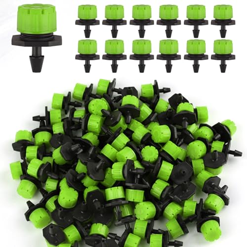 Rolcoassuns 100 Stück 1/4 Zoll Einstellbare Bewässerungstropfer, 360° Mikro Tropfbewässerungs-Emitter für Gartenbewässerungssysteme, Verstopfungssichere Sprinkler für 4mm/7mm Schläuche, Grün von Rolcoassuns