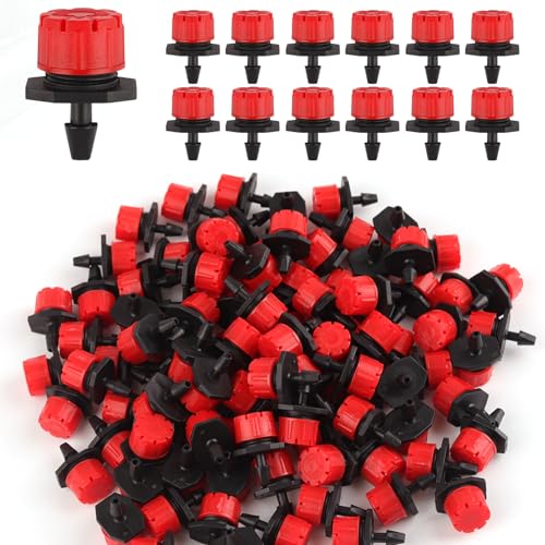 Rolcoassuns 100 Stück 1/4 Zoll Einstellbare Bewässerungstropfer, 360° Mikro Tropfbewässerungs-Emitter für Gartenbewässerungssysteme, Verstopfungssichere Sprinkler für 4mm/7mm Schläuche, Rot von Rolcoassuns