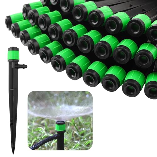 Rolcoassuns 100PCS Bewässerungstropfer Tropfbewässerungsdüsen, Mikro-Sprühdüsen einstellbar, 360-Grad-Vollkreis-Wasserfluss-Bubbler-Sprinkler, passend für 1/4" (4-6 mm) Bewässerungsschlauch (Grün) von Rolcoassuns