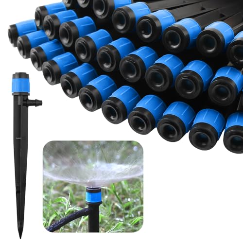 Rolcoassuns 100PCS Bewässerungstropfer Tropfbewässerungsdüsen, Mikro-Sprühdüsen einstellbar, 360-Grad-Vollkreis-Wasserfluss-Bubbler-Sprinkler, passend für 1/4" (4-6 mm) Bewässerungsschlauch (Blau) von Rolcoassuns