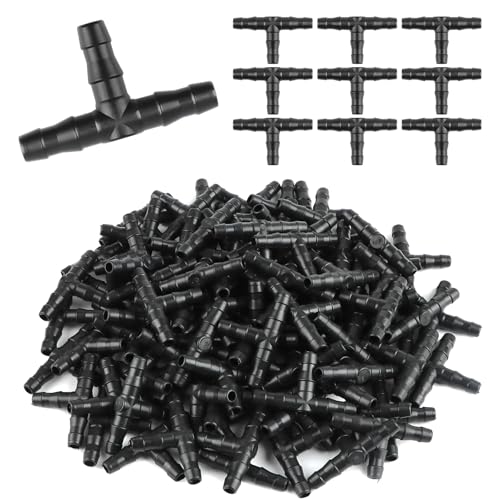 Rolcoassuns 200 Stück 1/4" Universal Tropfbewässerung Winkelstück T-Verbinder, 1/4 Zoll Schlauchverbinder Tropfbewässerung Fittings für 4mm/7mm Wasserschlauch Tropfbewässerungssystem von Rolcoassuns