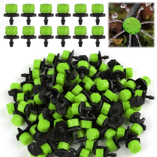 Rolcoassuns 200 Stück 1/4 Zoll Einstellbare Bewässerungstropfer, 360° Mikro Tropfbewässerungs-Emitter für Gartenbewässerungssysteme, Verstopfungssichere Sprinkler für 4mm/7mm Schläuche, Grün von Rolcoassuns