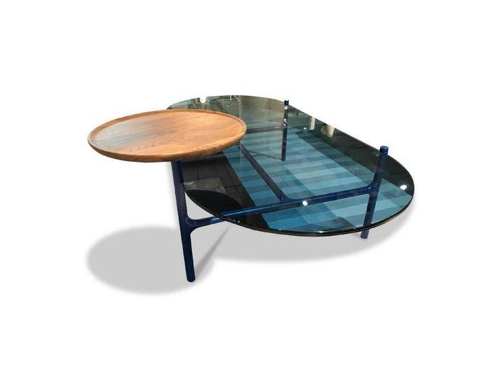 Rolf Benz Couchtisch Couchtisch Addit 915-233 Blaue Glasplatte Tablar Nussbaum Massiv von Rolf-Benz