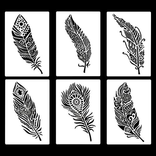 Rolin Roly 6PCS Schablonen Feder Wiederverwendbar Federkunst Schablonen Feather Painting Stencils für Holz Boden Möbel Deko DIY Scrapbooking Handwerk von Rolin Roly