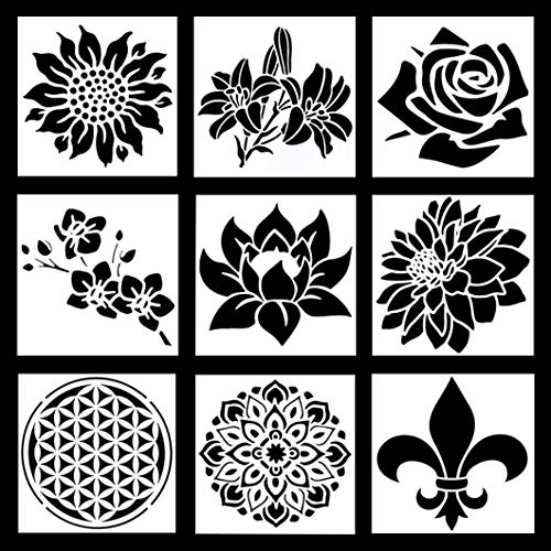 Rolin Roly 9Pcs Schablonen Lotus Blumen Zeichenschablonen Rosen Schablone Kunststoff Malerei Vorlagen DIY Wiederverwendbar Zum Malen Holzwand Wohnkultur von Rolin Roly
