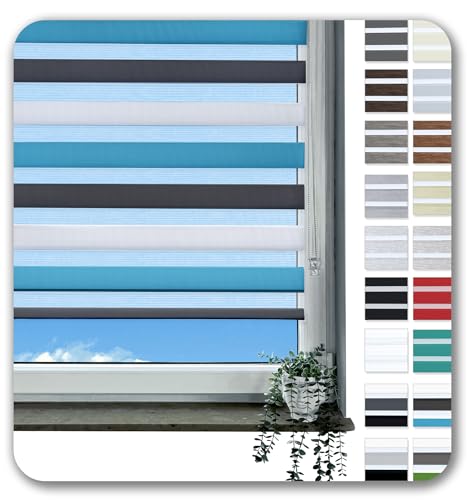 Rollmayer Doppelrollo Klemmfix ohne Bohren Klemmrollo Fensterrollo Duo Rollo Sonnenschutzrollo Zebrarollo Seitenzugrollo für Fenster und Tür (Weiß Grau Blau - 100 x 150 cm - BxH) von Rollmayer