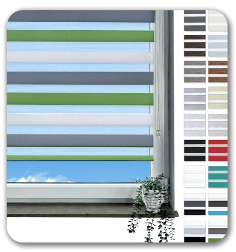 Rollmayer Doppelrollo Klemmfix ohne Bohren Klemmrollo Fensterrollo Duo Rollo Sonnenschutzrollo Zebrarollo Seitenzugrollo für Fenster und Tür (Weiß Grau Grün - 65 x 130 cm - BxH) von Rollmayer