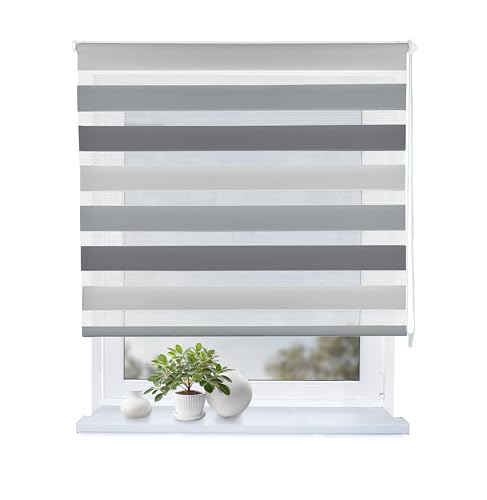 Rollmayer Doppelrollo mit Bohren Klemmrollo Fensterrollo Duo Rollo Sonnenschutzrollo Zebrarollo Seitenzugrollo fur Fenster und Tur (Weiß Grau Graphit,160B x H150 cm) von Rollmayer