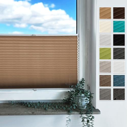 Rollmayer Plissee mit Bohren, Plisseerollo Faltrollo Sichtschutz und Sonnenschutz für Fenster und Tür (Binco Beige,B140cm x H100cm) von Rollmayer