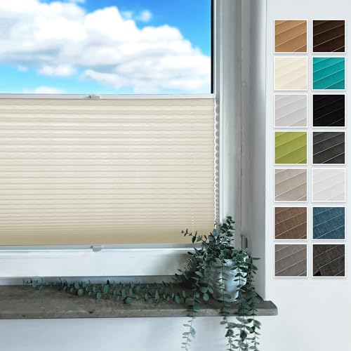 Rollmayer Plissee mit Bohren, Plisseerollo Faltrollo Sichtschutz und Sonnenschutz für Fenster und Tür (Binco Creme,B100cm x H100cm) von Rollmayer