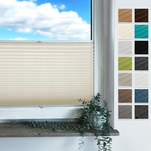 Rollmayer Plissee mit Bohren, Plisseerollo Faltrollo Sichtschutz und Sonnenschutz für Fenster und Tür (Binco Creme,B45cm x H120cm) von Rollmayer