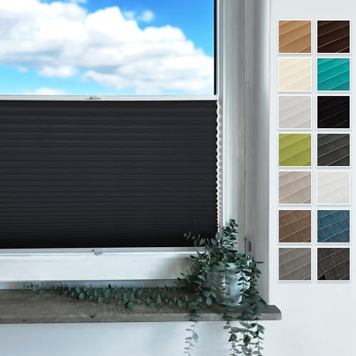 Rollmayer Plissee mit Bohren, Plisseerollo Faltrollo Sichtschutz und Sonnenschutz für Fenster und Tür (Binco Schwarz,B30cm x H150cm) von Rollmayer