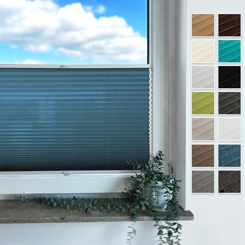 Rollmayer Plissee mit Bohren, Plisseerollo Faltrollo Sichtschutz und Sonnenschutz für Fenster und Tür (Vigo Blau,B60cm x H120cm) von Rollmayer
