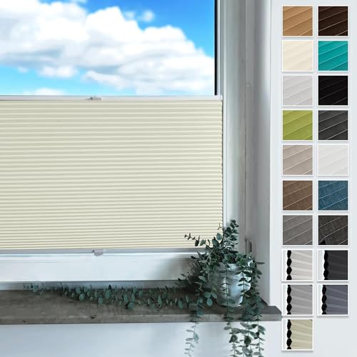 Rollmayer Plissee mit Bohren, Plisseerollo Faltrollo Sichtschutz und Sonnenschutz für Fenster und Tür (Waben Creme,B35cm x H120cm) von Rollmayer