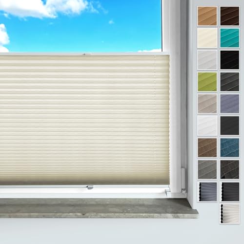 Rollmayer Plissee ohne Bohren, mit Klemmträger Plisseerollo Faltrollo Sichtschutz und Sonnenschutz für Fenster und Tür Premiumqualität Falte für Zuhause, 3 Kollektionen(Binco Creme,B65cm x H120cm) von Rollmayer