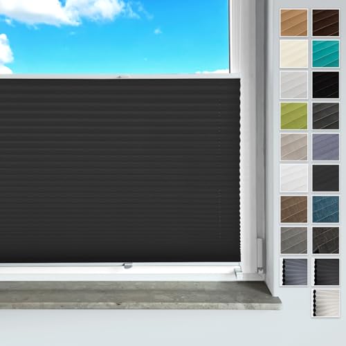 Rollmayer Plissee ohne Bohren, mit Klemmträger Plisseerollo Faltrollo Sichtschutz und Sonnenschutz für Fenster und Tür (Binco Schwarz,B55cm x H100cm) von Rollmayer