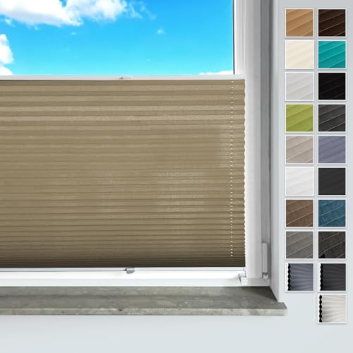 Rollmayer Plissee ohne Bohren, mit Klemmträger Plisseerollo Faltrollo Sichtschutz und Sonnenschutz für Fenster und Tür (Vigo Beige,B80cm x H150cm) von Rollmayer