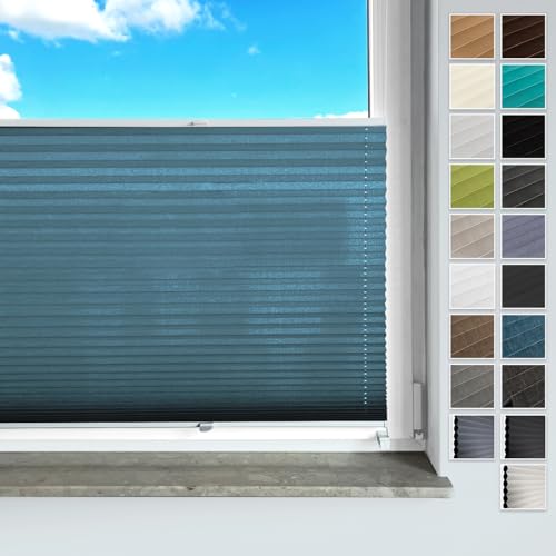 Rollmayer Plissee ohne Bohren, mit Klemmträger Plisseerollo Faltrollo Sichtschutz und Sonnenschutz für Fenster und Tür (Vigo Blau,B75cm x H120cm) von Rollmayer