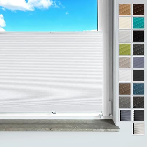 Rollmayer Plissee ohne Bohren, mit Klemmträger Plisseerollo Faltrollo Sichtschutz und Sonnenschutz für Fenster und Tür (Waben Weiß,B55cm x H100cm) von Rollmayer