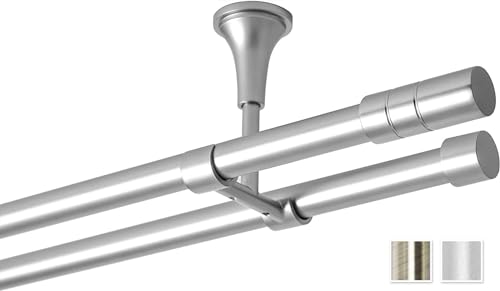Rollmayer elegant und modern Chrom Matt Vorhangstange/Gardinenstange aus metall Ø 19mm (200cm Tosca, im Silber, Deckenbefestigung, 2-läufig) Ohne Ringe! von Rollmayer