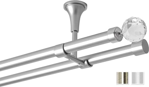 Rollmayer elegant und modern Chrom Matt Vorhangstange/Gardinenstange aus metall Ø 19mm (320cm Carmen, im Silber, Deckenbefestigung, 2-läufig) verschiedene Größen und Endstücken Ohne Ringe! von Rollmayer