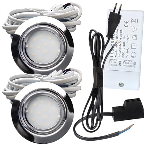 2er Set LED Möbeleinbauleuchte Leni 12V 2,2W Neutralweiß 4000K | IP44 flach Ø72mm Einbauspot Chrom | 240lm je Spot | inkl. Trafo, AMP-Verteiler & 230V Zuleitung mit Schnurschalter | Küche, Möbel 2er Set LED Möbeleinbauleuchte Leni 12V 2,2W Neutralweiß 4000K | IP44 flach Ø72mm Einbauspot Chrom | 240lm je Spot | inkl. Trafo, AMP-Verteiler & 230V Zuleitung mit Schnurschalter | Küche, Möbel von Rolux
