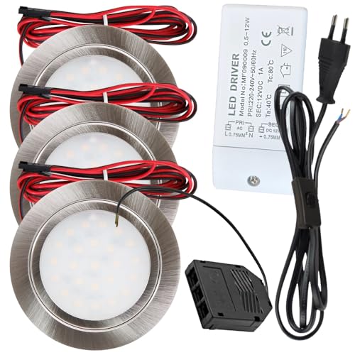 3er Set LED Möbeleinbauleuchte Finja 12V 2,4W Neutralweiß 4000K | IP20 flach Ø65mm Einbauspot Edelstahl geb. | 160lm | inkl. Trafo, Mini-Verteiler & 230V Zuleitung mit Schnurschalter | Küche, Möbel von Rolux