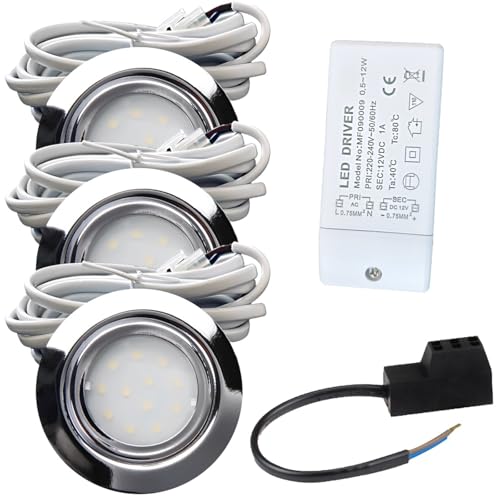 3er Set LED Möbeleinbauleuchte Leni 12V 2,2W Neutralweiß 4000K | IP44 flach Ø72mm Einbaustrahler Chrom | 240lm pro Leuchte | inkl. LED Trafo & AMP-Verteiler | Für Küche, Bad, Schrank, Möbelbeleuchtung 3er Set LED Möbeleinbauleuchte Leni 12V 2,2W Neutralweiß 4000K | IP44 flach Ø72mm Einbaustrahler Chrom | 240lm pro Leuchte | inkl. LED Trafo & AMP-Verteiler | Für Küche, Bad, Schrank, Möbelbeleuchtung von Rolux