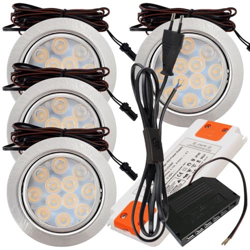 4er Set LED Möbeleinbauleuchte Luna 12V 3W Warmweiß 3000K | Ultra flach Ø55mm Einbaustrahler | 200lm | inkl. LED Trafo, Mini-Verteiler & 230V Zuleitung mit Schnurschalter | Für Möbel, Küche, Schrank von Rolux