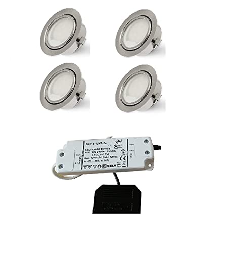 4er Set Rolux LED Einbauleuchte matt-chrom 58mm Bohrloch 2,5W 12V warm-weiß ultra Flach anschließbar an AMP- oder Mini-AMP Steckersystem von Rolux