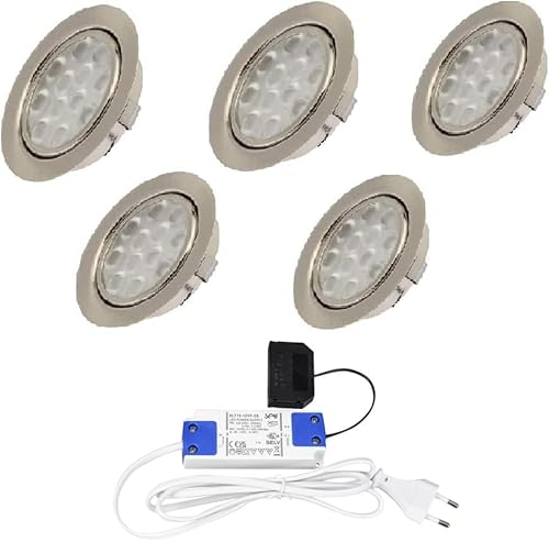 5er Set LED Einbaustrahler Edelstahl gebürstet 15mm flach 3W warmweiß 3200K 200lm 12V inkl. 15W LED Trafo 230V und 1,8m Kabel je Leuchte für Wohnzimmer, Küche und Bad von Rolux