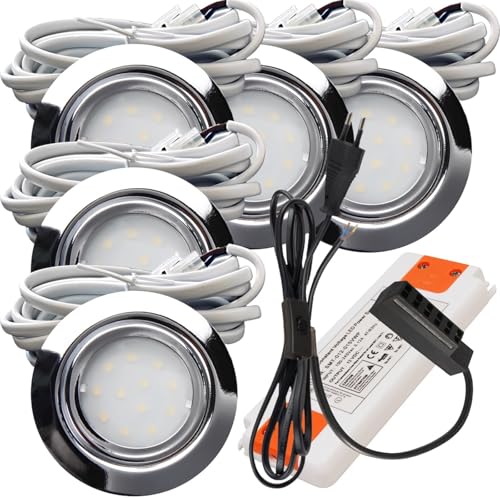 5er Set LED Möbeleinbauleuchte Leni 12V 2,2W Neutralweiß 4000K | IP44 flach Ø72mm Einbauspot Chrom | 240lm je Spot | inkl. Trafo, AMP-Verteiler & 230V Zuleitung mit Schnurschalter | Küche, Möbel von Rolux