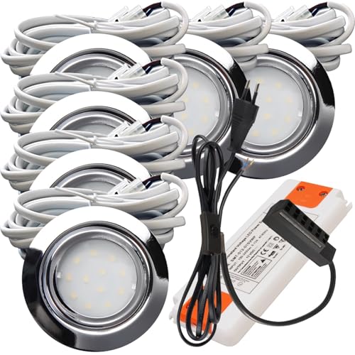 6er Set LED Möbeleinbauleuchte Leni 12V 2,2W Neutralweiß 4000K | IP44 flach Ø72mm Einbauspot Chrom | 240lm je Spot | inkl. Trafo, AMP-Verteiler & 230V Zuleitung mit Schnurschalter | Küche, Möbel von Rolux