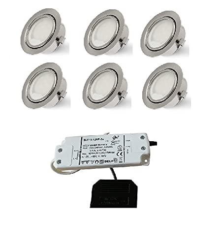 Rolux LED Einbauleuchte matt-chrom 58mm Bohrloch 2,5W 12V warm-weiß ultra Flach anschließbar an AMP- oder Mini-AMP Steckersystem (6er Set) von Rolux