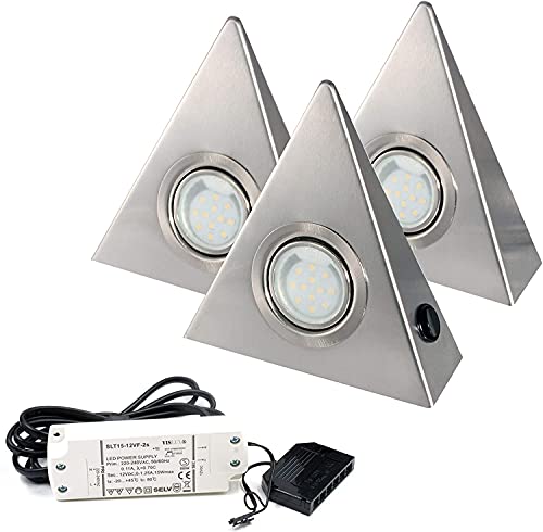 Hochwertiges 3er Set LED Dreieckleuchte- Küchenleuchte -2,5W WARMWEISS mit Zentralschalter von Rolux Leuchten GmbH