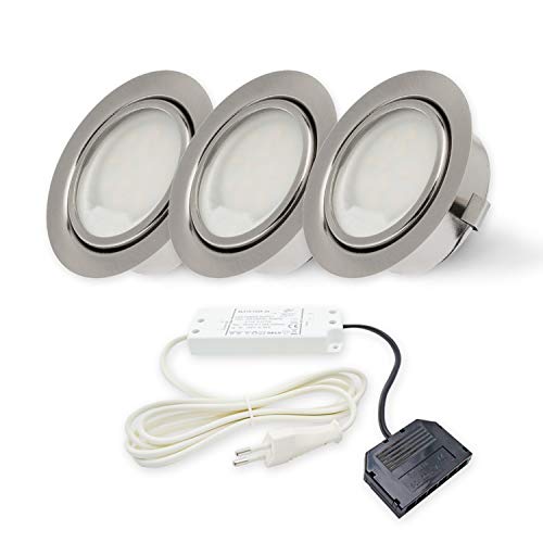 Rolux LED Einbauleuchte DF-9251B-2 3er Set matt-chrom Einbaustrahler Deckenstrahler 58mm Bohrloch 2,5W 12V warm-weiß von Rolux